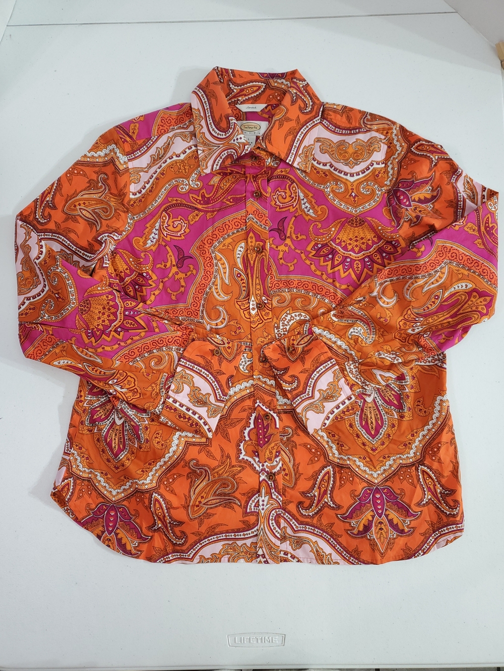 Talbots PL Retro 70's Vibes Orange and Pink Paisley Button-Up Blouse